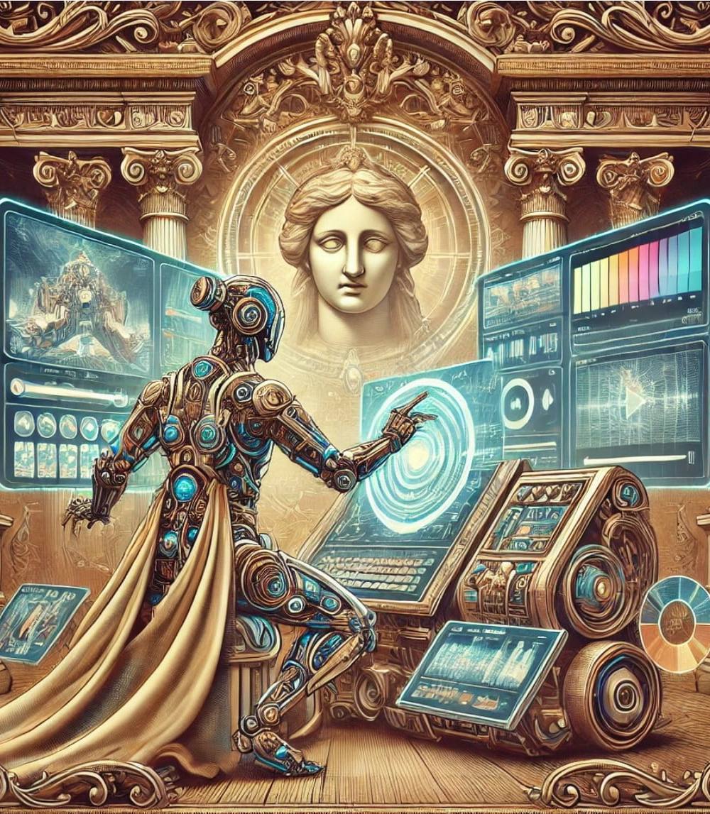 Ilustración de un robot futurista editando video con herramientas tecnológicas en estilo barroco