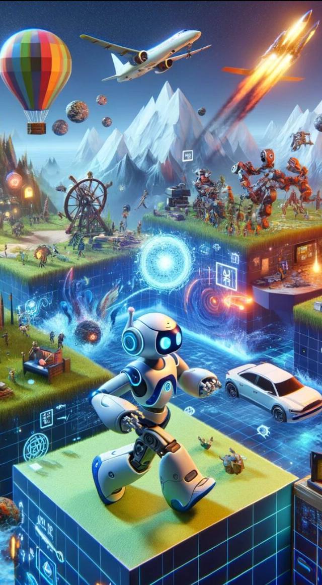 Sima el agente IA de videojuegos. Imagen digital dinámica y colorida que representa un mundo de realidad mixta con diferentes escenas y épocas