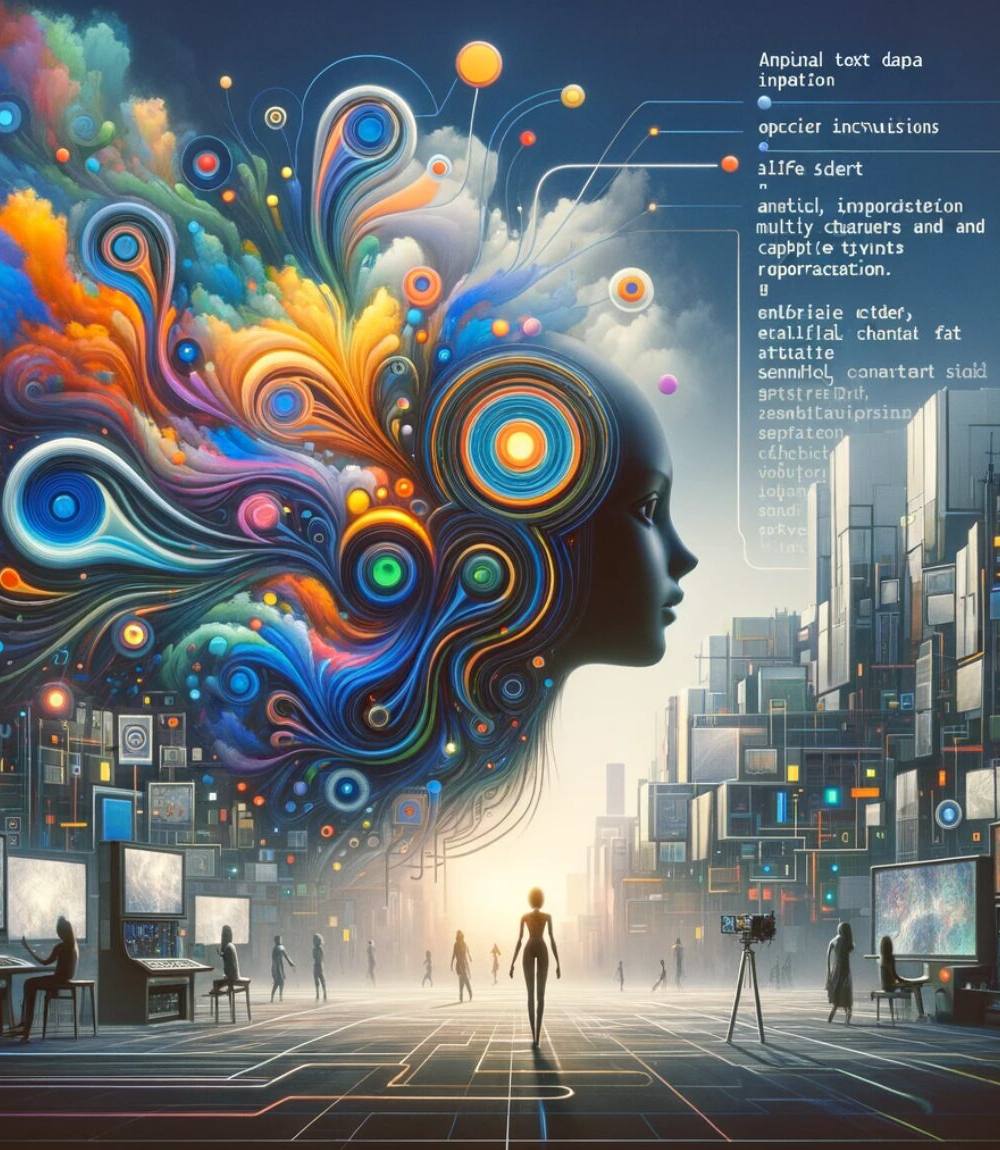 Representación artística de una figura femenina de perfil con cabello que se transforma en un torbellino de colores y formas abstractas, evocando creatividad y datos en un entorno urbano futurista