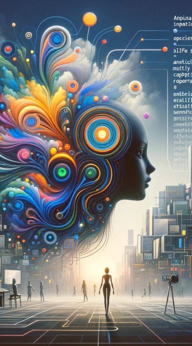Representación artística de una figura femenina de perfil con cabello que se transforma en un torbellino de colores y formas abstractas, evocando creatividad y datos en un entorno urbano futurista