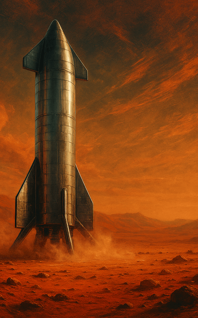 Starship de SpaceX sobre el suelo marciano con polvo y horizonte rojizo