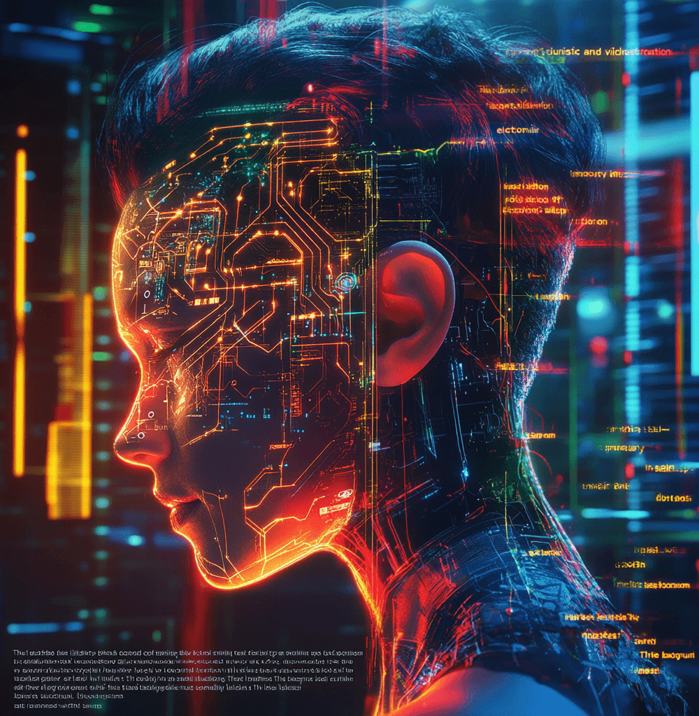 Ilustración futurista de una persona con un tatuaje electrónico en la cabeza, mostrando circuitos luminosos integrados en la piel y señales neuronales brillantes en un entorno tecnológico ciberpunk. Representación visual del avance en neurotecnología e interfaces cerebro-computadora.