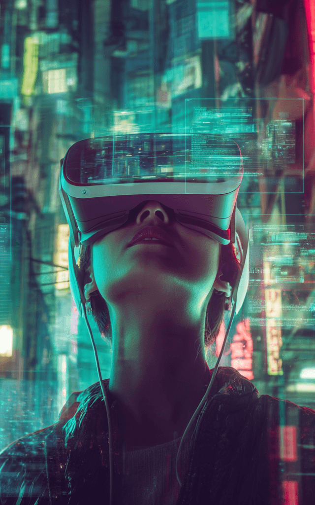 Persona usando gafas de realidad virtual en un entorno cyberpunk futurista, rodeada de luces de neón y hologramas digitales