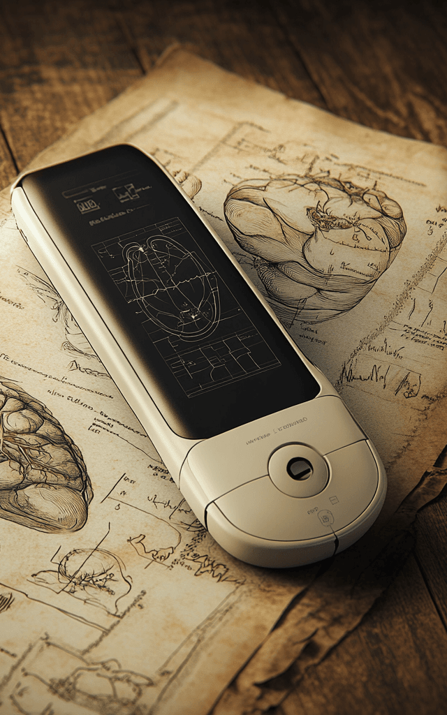 Tensiómetro con inteligencia artificial en estilo renacentista, inspirado en Leonardo da Vinci, sobre un pergamino con bocetos anatómicos del corazón
