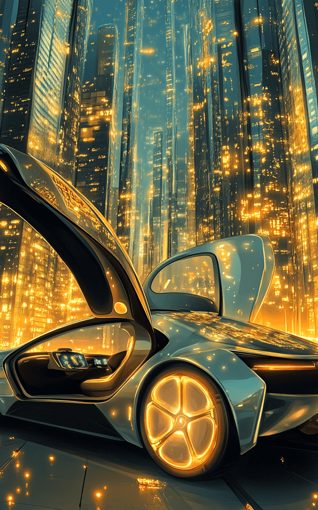 Coche futurista Tesla Cybercab con puertas tipo tijera abiertas en una ciudad iluminada por luces doradas, con un diseño minimalista y sin volante