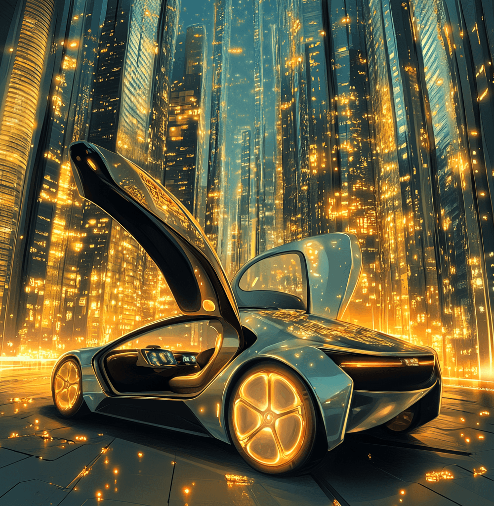 Coche futurista Tesla Cybercab con puertas tipo tijera abiertas en una ciudad iluminada por luces doradas, con un diseño minimalista y sin volante