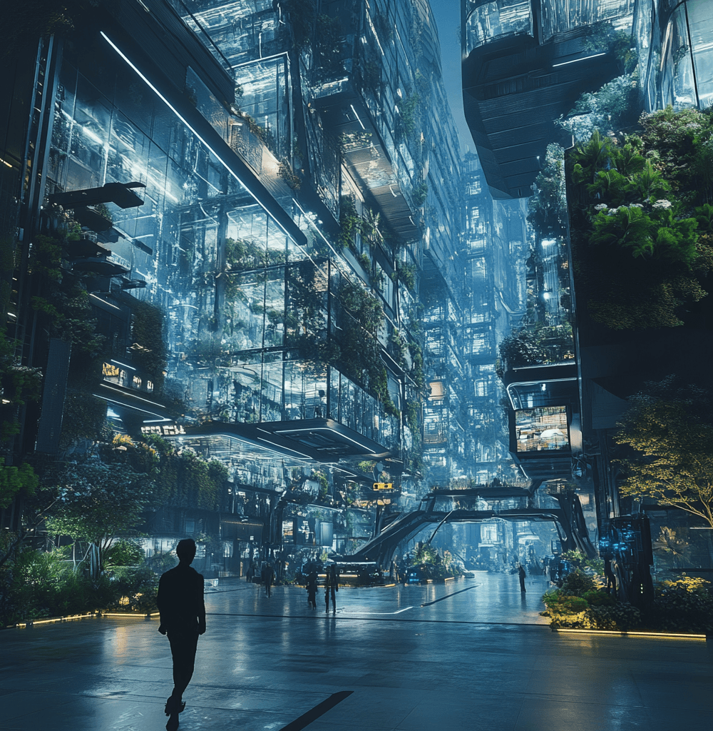 Vista futurista de The Line, la innovadora ciudad lineal en Arabia Saudita con arquitectura de cristal y jardines verticales. Un entorno sostenible e inteligente con tecnología avanzada y espacios urbanos sin automóviles.