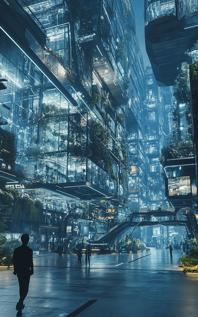 Vista futurista de The Line, la innovadora ciudad lineal en Arabia Saudita con arquitectura de cristal y jardines verticales. Un entorno sostenible e inteligente con tecnología avanzada y espacios urbanos sin automóviles.