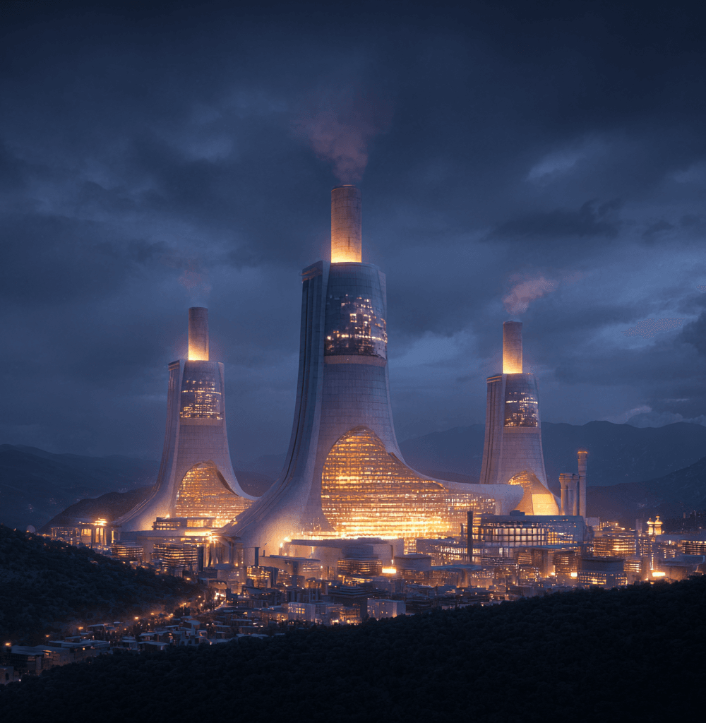Complejo futurista de reactores nucleares con tecnología de torio en China iluminado durante la noche