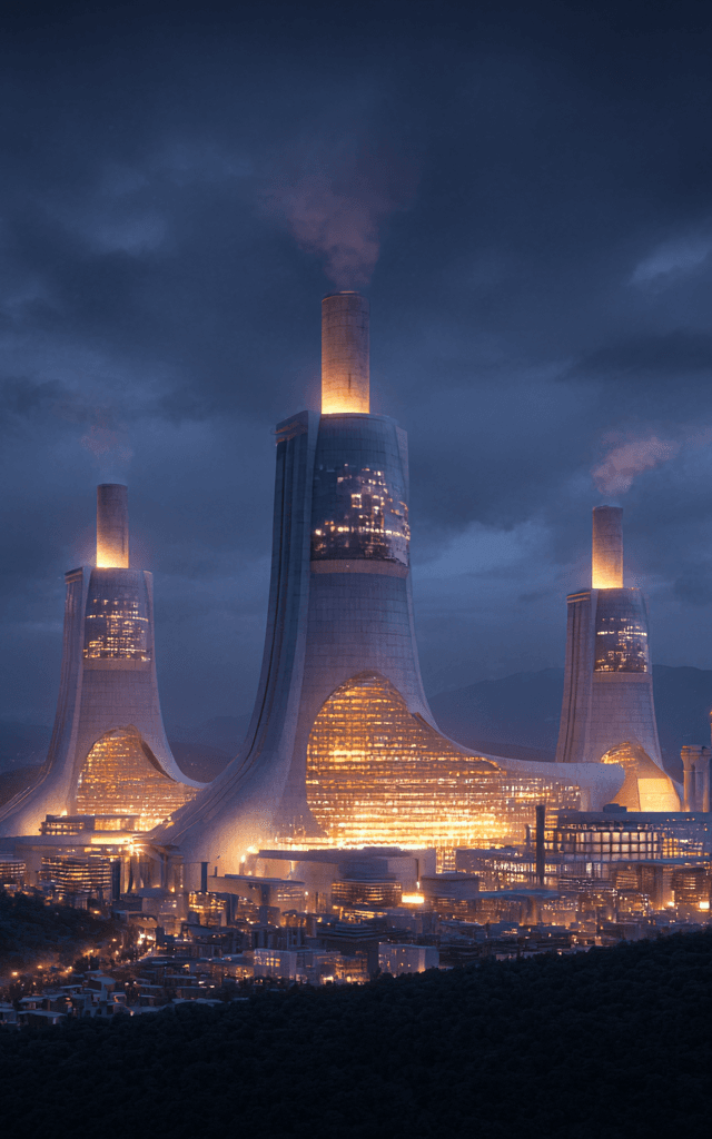 Complejo futurista de reactores nucleares con tecnología de torio en China iluminado durante la noche