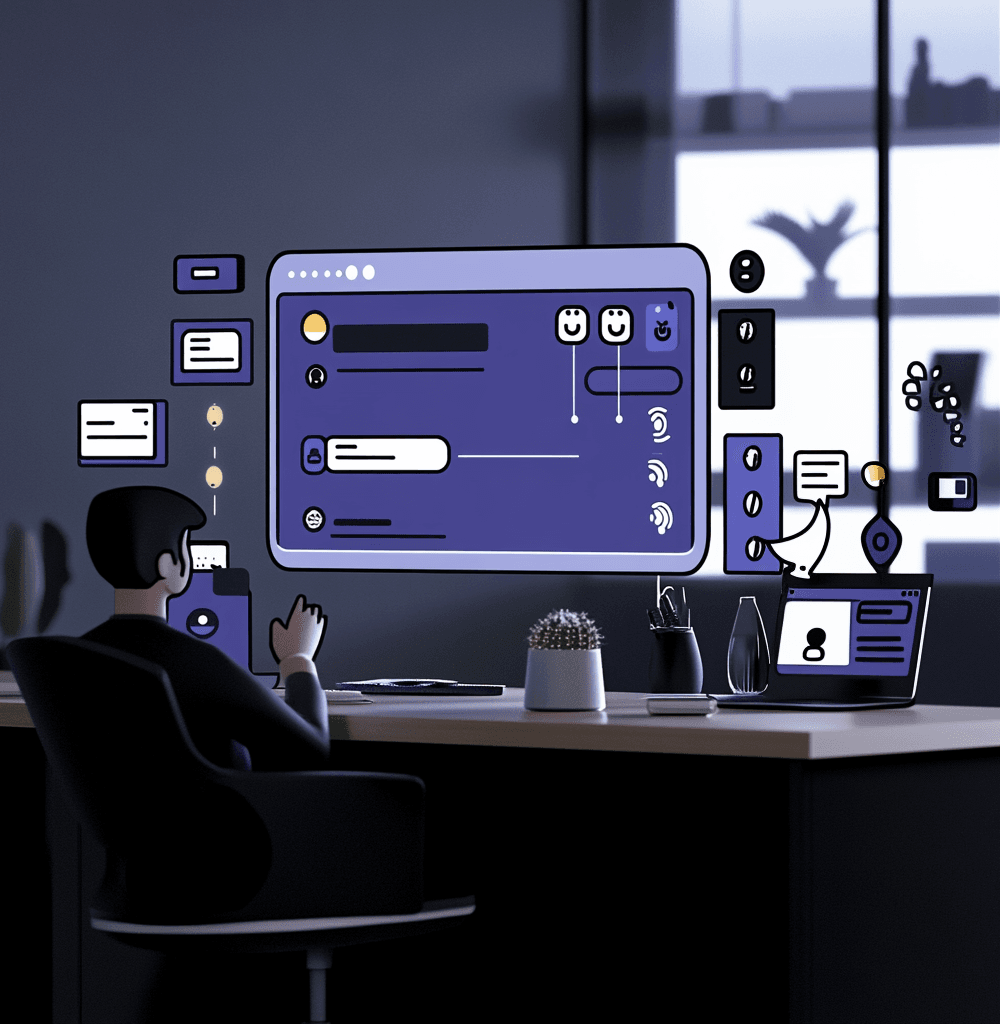 Interfaz digital de un usuario trabajando con una herramienta de chat interactivo, mostrando botones para edición de texto, añadir emoticonos, y optimización de contenido en un ambiente moderno y futurista