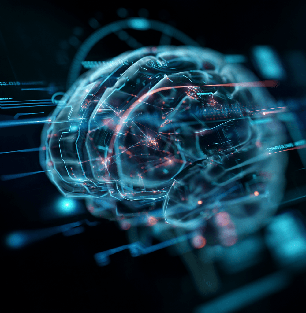Representación digital futurista de un cerebro artificial potenciado por tecnología de transformers en inteligencia artificial, con circuitos y datos en movimiento