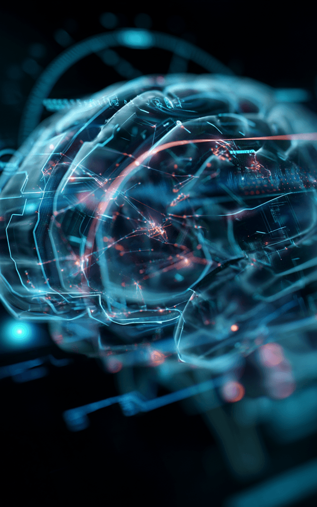 Representación digital futurista de un cerebro artificial potenciado por tecnología de transformers en inteligencia artificial, con circuitos y datos en movimiento