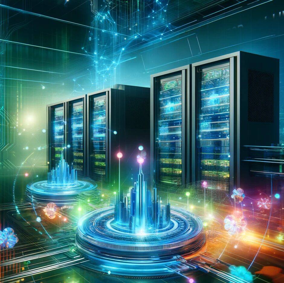 Centro de datos futurista con servidores avanzados y representación digital de datos
