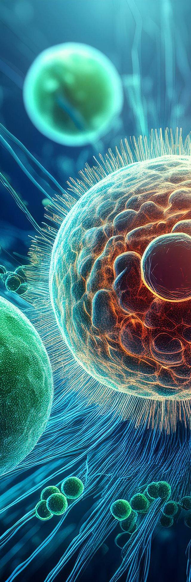 Representación visual de células normales y cancerosas analizadas por inteligencia artificial a nivel nanométrico, destacando las diferencias celulares en el proceso de detección temprana del cáncer