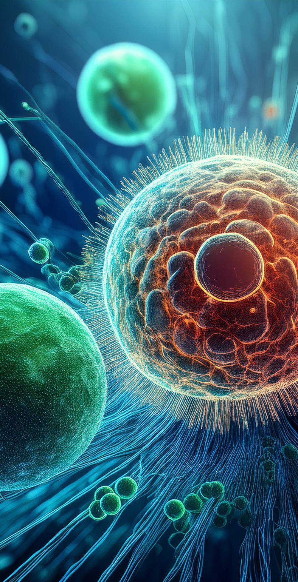 Representación visual de células normales y cancerosas analizadas por inteligencia artificial a nivel nanométrico, destacando las diferencias celulares en el proceso de detección temprana del cáncer