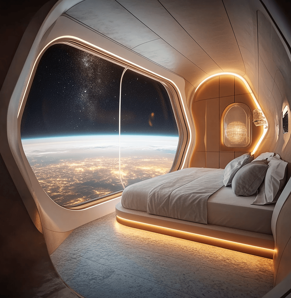 Habitación de lujo en el primer hotel espacial Voyager Station con vistas espectaculares de la Tierra desde el espacio. Turismo futurista e innovador