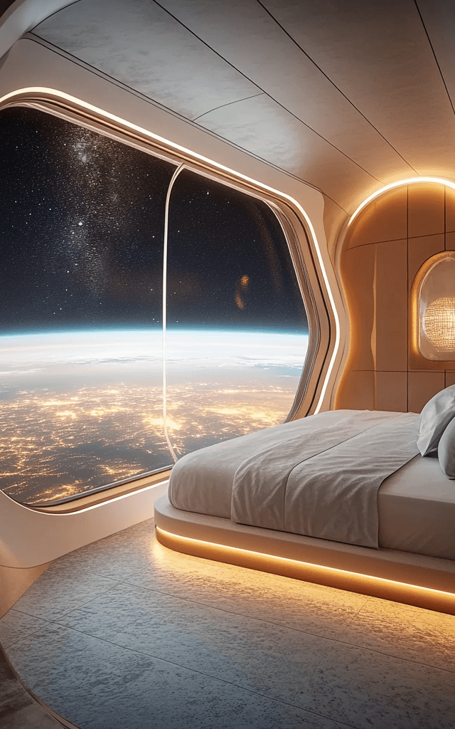 Habitación de lujo en el primer hotel espacial Voyager Station con vistas espectaculares de la Tierra desde el espacio. Turismo futurista e innovador